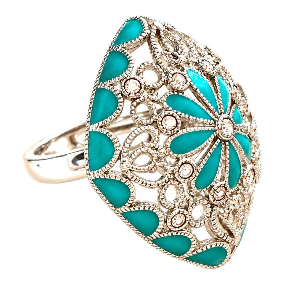 Vintage Teal Enamel Ring Filigree Square Statement Silver Tone Rhinestones SZ 9